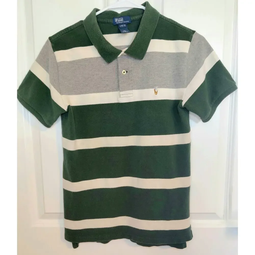 Vintage Polo Ralph Lauren Boys L 16/18 Striped Polo Shirt Green Gray Pony Mesh